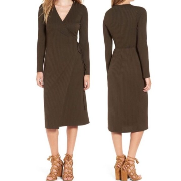 ASTR The Label Wrap Dress Women M Dark Olive Midi Ribbed Stretch Preppy Chic - Picture 1 of 9